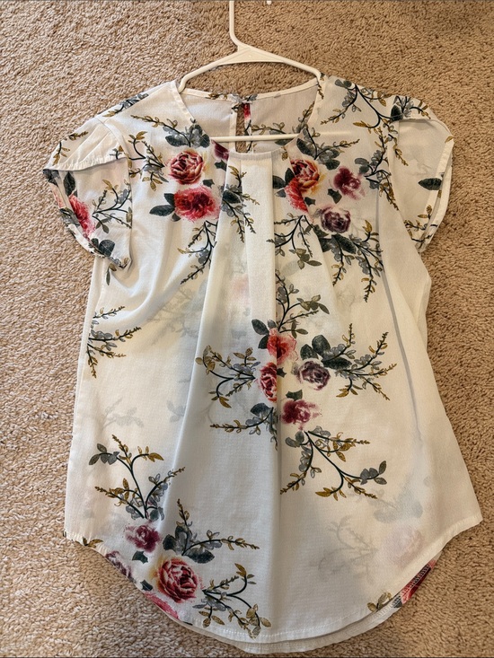 None Tops - Floral Pleated Cap-Sleeve Blouse - White with Rose Print